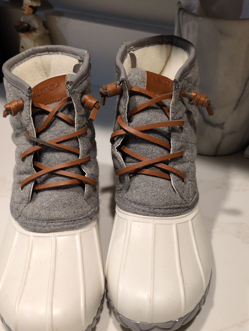 Nautica Gray and White Duck-Style Rain Boots with Brown Laces